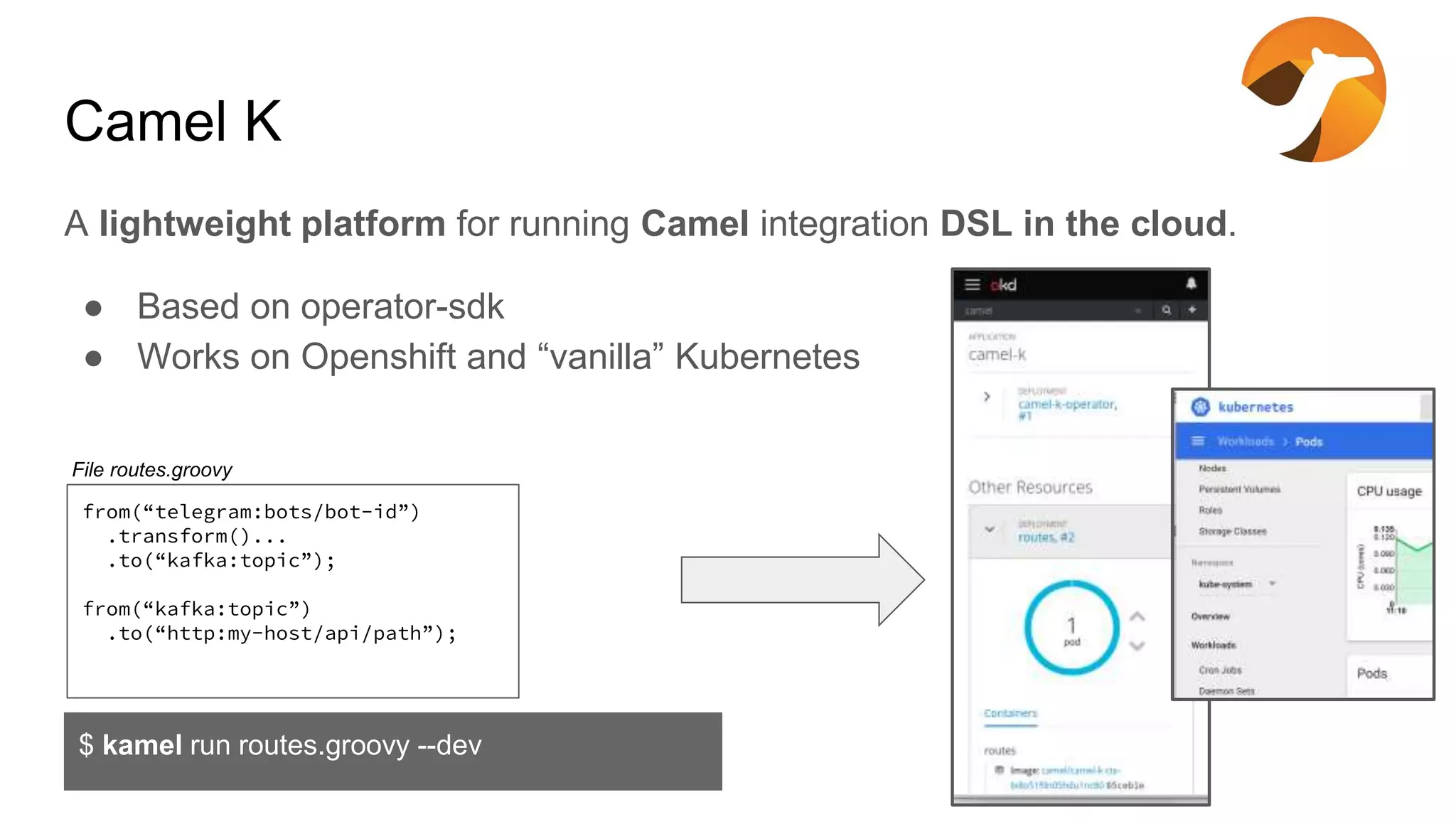 Camel K A lightweight platform for running Camel integration DSL in the cloud. ● Based on operator-sdk ● Works on Openshift and “vanilla” Kubernetes $ kamel run routes.groovy --dev from(“telegram:bots/bot-id”) .transform()... .to(“kafka:topic”); from(“kafka:topic”) .to(“http:my-host/api/path”); File routes.groovy 