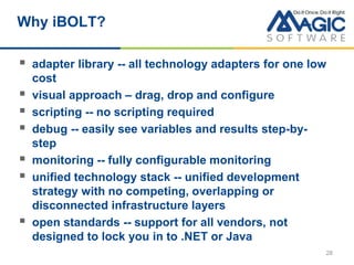 Why iBOLT?
 adapter library -- all technology adapters for one low
cost
 visual approach – drag, drop and configure
 scripting -- no scripting required
 debug -- easily see variables and results step-by-
step
 monitoring -- fully configurable monitoring
 unified technology stack -- unified development
strategy with no competing, overlapping or
disconnected infrastructure layers
 open standards -- support for all vendors, not
designed to lock you in to .NET or Java
28
 