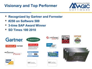 Visionary and Top Performer
 Recognized by Gartner and Forrester
 #250 on Software 500
 3-time SAP Award Winner
 SD Times 100 2010
 