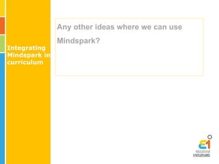 Any other ideas where we can use 
Mindspark? 
Integrating 
Mindspark in 
curriculum 
 