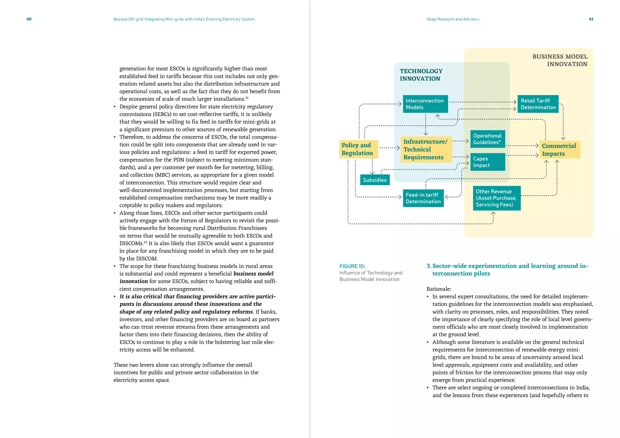 Beyond Off-grid: Integrating Mini-grids with India’s Evolving Electricity System Okapi Research and Advisory60 61
generation for most ESCOs is significantly higher than most
established feed in tariffs because this cost includes not only gen-
eration related assets but also the distribution infrastructure and
operational costs, as well as the fact that they do not benefit from
the economies of scale of much larger installations.31
▪▪ Despite general policy directives for state electricity regulatory
commissions (SERCs) to set cost-reflective tariffs, it is unlikely
that they would be willing to fix feed in tariffs for mini-grids at
a significant premium to other sources of renewable generation.
▪▪ Therefore, to address the concerns of ESCOs, the total compensa-
tion could be split into components that are already used in var-
ious policies and regulations: a feed in tariff for exported power,
compensation for the PDN (subject to meeting minimum stan-
dards), and a per customer per month fee for metering, billing,
and collection (MBC) services, as appropriate for a given model
of interconnection. This structure would require clear and
well-documented implementation processes, but starting from
established compensation mechanisms may be more readily a
cceptable to policy makers and regulators.
▪▪ Along those lines, ESCOs and other sector participants could
actively engage with the Forum of Regulators to revisit the possi-
ble frameworks for becoming rural Distribution Franchisees
on terms that would be mutually agreeable to both ESCOs and
DISCOMs.32
It is also likely that ESCOs would want a guarantor
in place for any franchising model in which they are to be paid
by the DISCOM.
▪▪ The scope for these franchising business models in rural areas
is substantial and could represent a beneficial business model
innovation for some ESCOs, subject to having reliable and suffi-
cient compensation arrangements.
▪▪ It is also critical that financing providers are active partici-
pants in discussions around these innovations and the
shape of any related policy and regulatory reforms. If banks,
investors, and other financing providers are on board as partners
who can trust revenue streams from these arrangements and
factor them into their financing decisions, then the ability of
ESCOs to continue to play a role in the bolstering last mile elec-
tricity access will be enhanced.
These two levers alone can strongly influence the overall
incentives for public and private sector collaboration in the
electricity access space.
3.	Sector-wide experimentation and learning around in-
terconnection pilots
Rationale:
▪▪ In several expert consultations, the need for detailed implemen-
tation guidelines for the interconnection models was emphasised,
with clarity on processes, roles, and responsibilities. They noted
the importance of clearly specifying the role of local level govern-
ment officials who are most closely involved in implementation
at the ground level.
▪▪ Although some literature is available on the general technical
requirements for interconnection of renewable energy mini-
grids, there are bound to be areas of uncertainty around local
level approvals, equipment costs and availability, and other
points of friction for the interconnection process that may only
emerge from practical experience.
▪▪ There are select ongoing or completed interconnections in India,
and the lessons from these experiences (and hopefully others to
FIGURE 10:
Influence of Technology and
Business Model Innovation
 