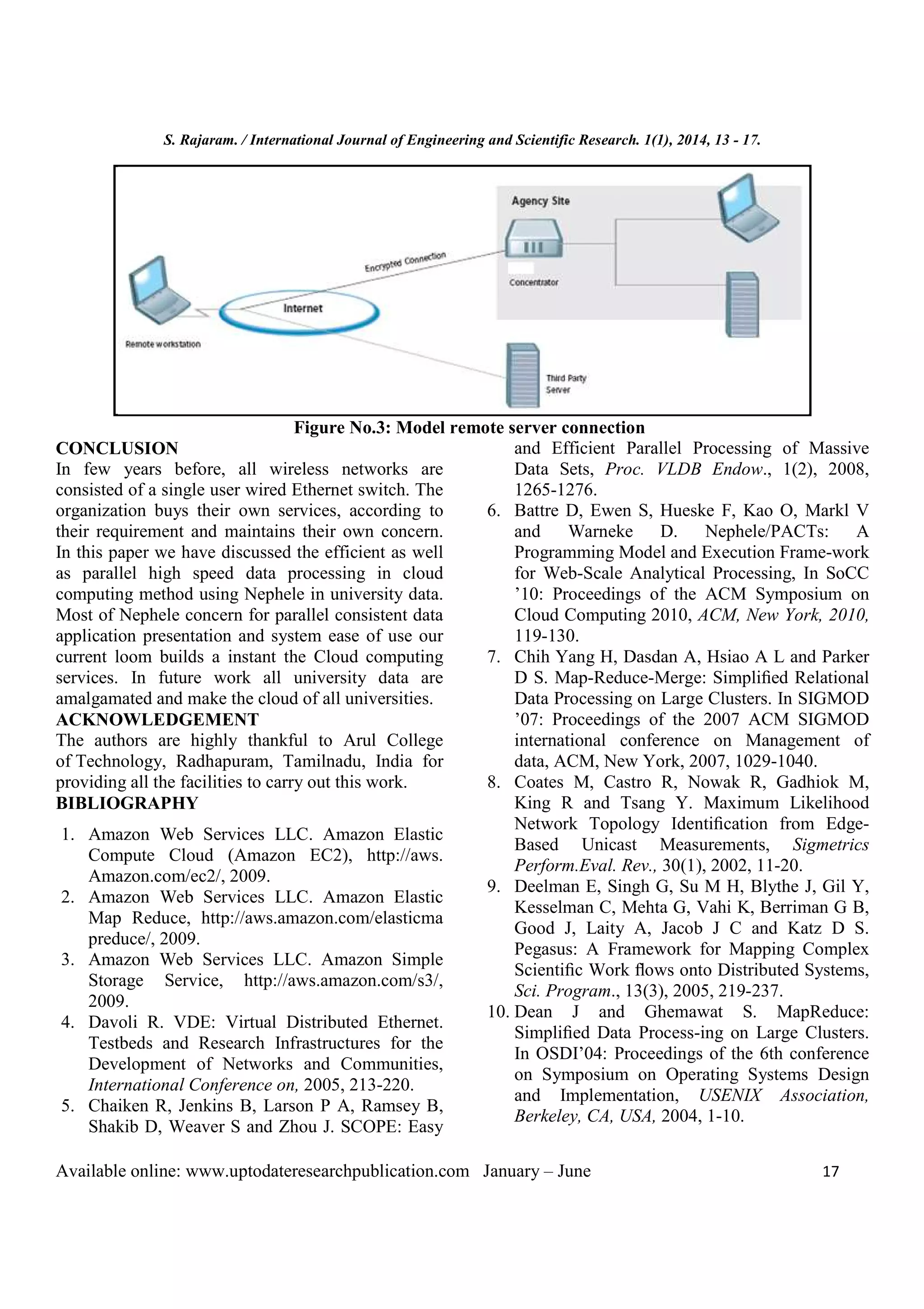 S. Rajaram. / International Journal of Engineering and Scientific Research. 1(1), 2014, 13 - 17.
Available online: www.uptodateresearchpublication.com January – June 17
Figure No.3: Model remote server connection
CONCLUSION
In few years before, all wireless networks are
consisted of a single user wired Ethernet switch. The
organization buys their own services, according to
their requirement and maintains their own concern.
In this paper we have discussed the efficient as well
as parallel high speed data processing in cloud
computing method using Nephele in university data.
Most of Nephele concern for parallel consistent data
application presentation and system ease of use our
current loom builds a instant the Cloud computing
services. In future work all university data are
amalgamated and make the cloud of all universities.
ACKNOWLEDGEMENT
The authors are highly thankful to Arul College
of Technology, Radhapuram, Tamilnadu, India for
providing all the facilities to carry out this work.
BIBLIOGRAPHY
1. Amazon Web Services LLC. Amazon Elastic
Compute Cloud (Amazon EC2), http://aws.
Amazon.com/ec2/, 2009.
2. Amazon Web Services LLC. Amazon Elastic
Map Reduce, http://aws.amazon.com/elasticma
preduce/, 2009.
3. Amazon Web Services LLC. Amazon Simple
Storage Service, http://aws.amazon.com/s3/,
2009.
4. Davoli R. VDE: Virtual Distributed Ethernet.
Testbeds and Research Infrastructures for the
Development of Networks and Communities,
International Conference on, 2005, 213-220.
5. Chaiken R, Jenkins B, Larson P A, Ramsey B,
Shakib D, Weaver S and Zhou J. SCOPE: Easy
and Efficient Parallel Processing of Massive
Data Sets, Proc. VLDB Endow., 1(2), 2008,
1265-1276.
6. Battre D, Ewen S, Hueske F, Kao O, Markl V
and Warneke D. Nephele/PACTs: A
Programming Model and Execution Frame-work
for Web-Scale Analytical Processing, In SoCC
’10: Proceedings of the ACM Symposium on
Cloud Computing 2010, ACM, New York, 2010,
119-130.
7. Chih Yang H, Dasdan A, Hsiao A L and Parker
D S. Map-Reduce-Merge: Simpliﬁed Relational
Data Processing on Large Clusters. In SIGMOD
’07: Proceedings of the 2007 ACM SIGMOD
international conference on Management of
data, ACM, New York, 2007, 1029-1040.
8. Coates M, Castro R, Nowak R, Gadhiok M,
King R and Tsang Y. Maximum Likelihood
Network Topology Identiﬁcation from Edge-
Based Unicast Measurements, Sigmetrics
Perform.Eval. Rev., 30(1), 2002, 11-20.
9. Deelman E, Singh G, Su M H, Blythe J, Gil Y,
Kesselman C, Mehta G, Vahi K, Berriman G B,
Good J, Laity A, Jacob J C and Katz D S.
Pegasus: A Framework for Mapping Complex
Scientiﬁc Work ﬂows onto Distributed Systems,
Sci. Program., 13(3), 2005, 219-237.
10. Dean J and Ghemawat S. MapReduce:
Simpliﬁed Data Process-ing on Large Clusters.
In OSDI’04: Proceedings of the 6th conference
on Symposium on Operating Systems Design
and Implementation, USENIX Association,
Berkeley, CA, USA, 2004, 1-10.
 