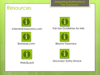 Integrating Multimedia in
                                 The Classroom
Resources



 Internet4classrooms.com   Fair Use Guidelines for MM




     Brainpop.com            Blooms Taxonany




                           Discovery: Kathy Shrock
       WebQuests
 