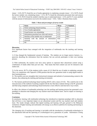 The Turkish Online Journal of Educational Technology – TOJET July 2004 ISSN: 1303-6521 volume 3 Issue 3 Article 4
Copyright  The Turkish Online Journal of Educational Technology 2002 36
(mean = 4.42), 88.7% found the use of media appropriate in explaining concepts (mean = 4.3), 84.9% found
the lecture module very stimulating (mean = 4.11), 88.7% found the information presented clear and concise
(mean = 4.19), 90.6% found the module's interface easy to understand (mean = 4.23), and 83.1% were satisfied
with the amount of information received in the module (mean = 4.02). Table 2 illustrates these results.
Table 2 Mean and percentages of survey results
Discussion
Five significant factors have emerged with the integration of multimedia into the teaching and learning
process:
1) It has changed the fundamental concept of learning. The students are no longer passive learners, i.e.,
passively absorbing the information from the teachers, but can actively participate in their own learning
process.
2) With multimedia, the teachers now have more options to represent their educational content using a
combination of media rather than just text only. That means that their content can now be interactive and
media-rich.
3) In the survey, 88.7% of the students (with a mean of 4.3) liked the use of media in explaining concepts.
This is in conjunction with Tapscott's (1998) position that the new generation looks to using digital media in
their learning process.
4) The teachers can now strengthen their instructional strategies and methods of communicating content to the
learners, thus enhancing the teaching and learning environment.
5) The learners preferred technology-based teaching (88.6% with a mean of 4.42). This could be due to the
innovativeness of the method of teaching coupled with the fact that these students belong to the PC generation
and find using computers and technology-based instruction a more effective and innovative way to learn.
In effect, this infusion of multimedia technology into the teaching and learning process has generated a new
paradigm in education and changing the way teachers teach and students learn. And its impact on learning is
far-reaching.
Conclusion
In conclusion, learning with multimedia technology has introduced an important paradigm shift in education
that will have a very important impact on our educational system and the way teachers teach and students
learn. The trends strongly indicate that digital teaching and learning will gain ground in the Malaysian
institutions of higher learning and multimedia will emerge as an effective platform for teaching and learning in
the classroom.
The changing role of teaching and learning is inevitable with the introduction of multimedia technologies in
the educational field and the spawning of a technological savvy generation of youths. Information is being
Items Mean % Students
1. Prefer technology-based teaching 4.42 88.6
2. Use of media appropriate 4.30 88.7
3. Found lecture very stimulating 4.11 84.9
4. Information presented was clear and concise 4.19 88.7
5. Interface of the module easy to understand 4.23 90.6
6. Satisfied with the amount of information
received
4.02 83.1
N= 53
 
