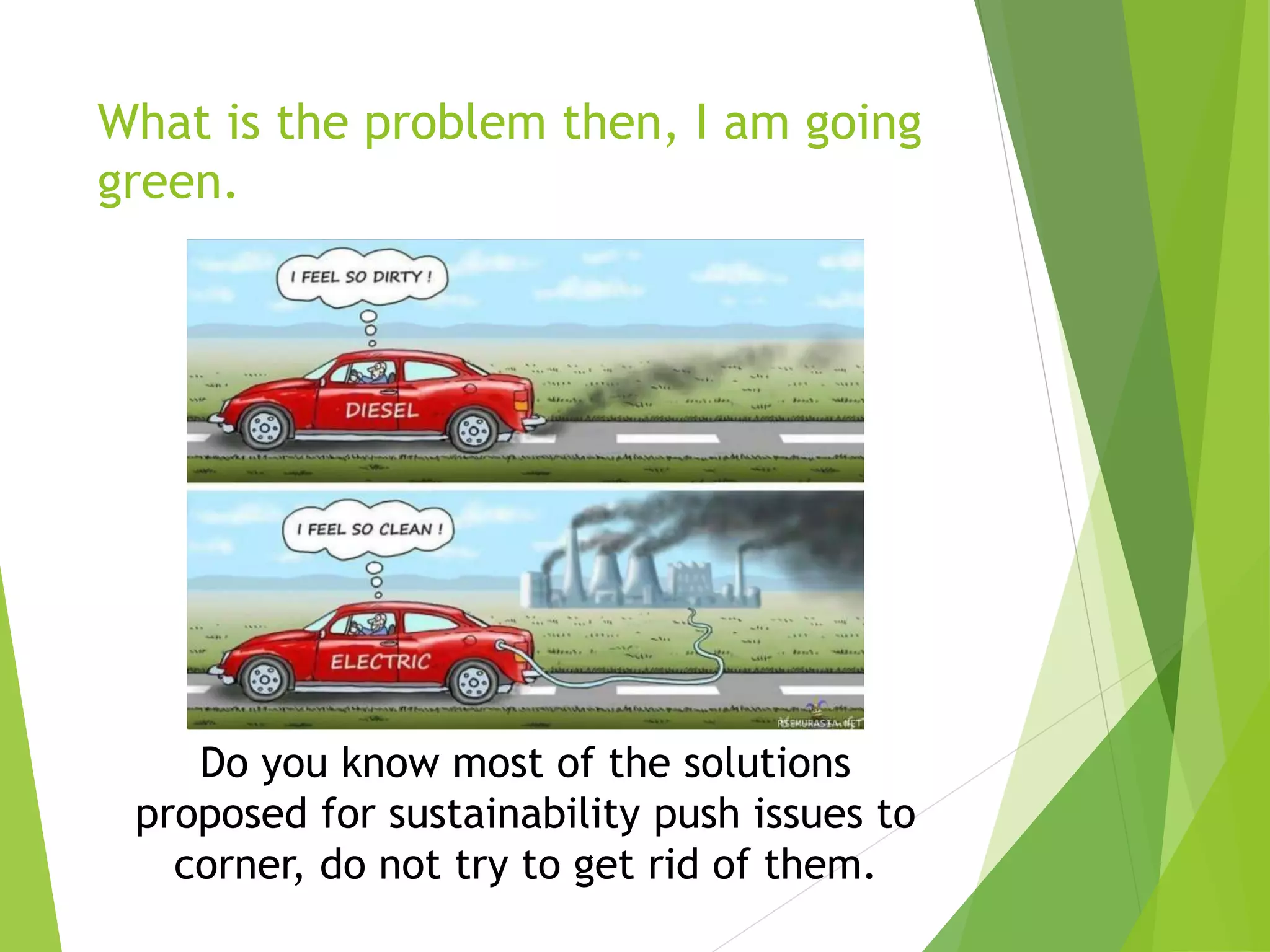 What is the problem then, I am going
green.
Do you know most of the solutions
proposed for sustainability push issues to
corner, do not try to get rid of them.
 