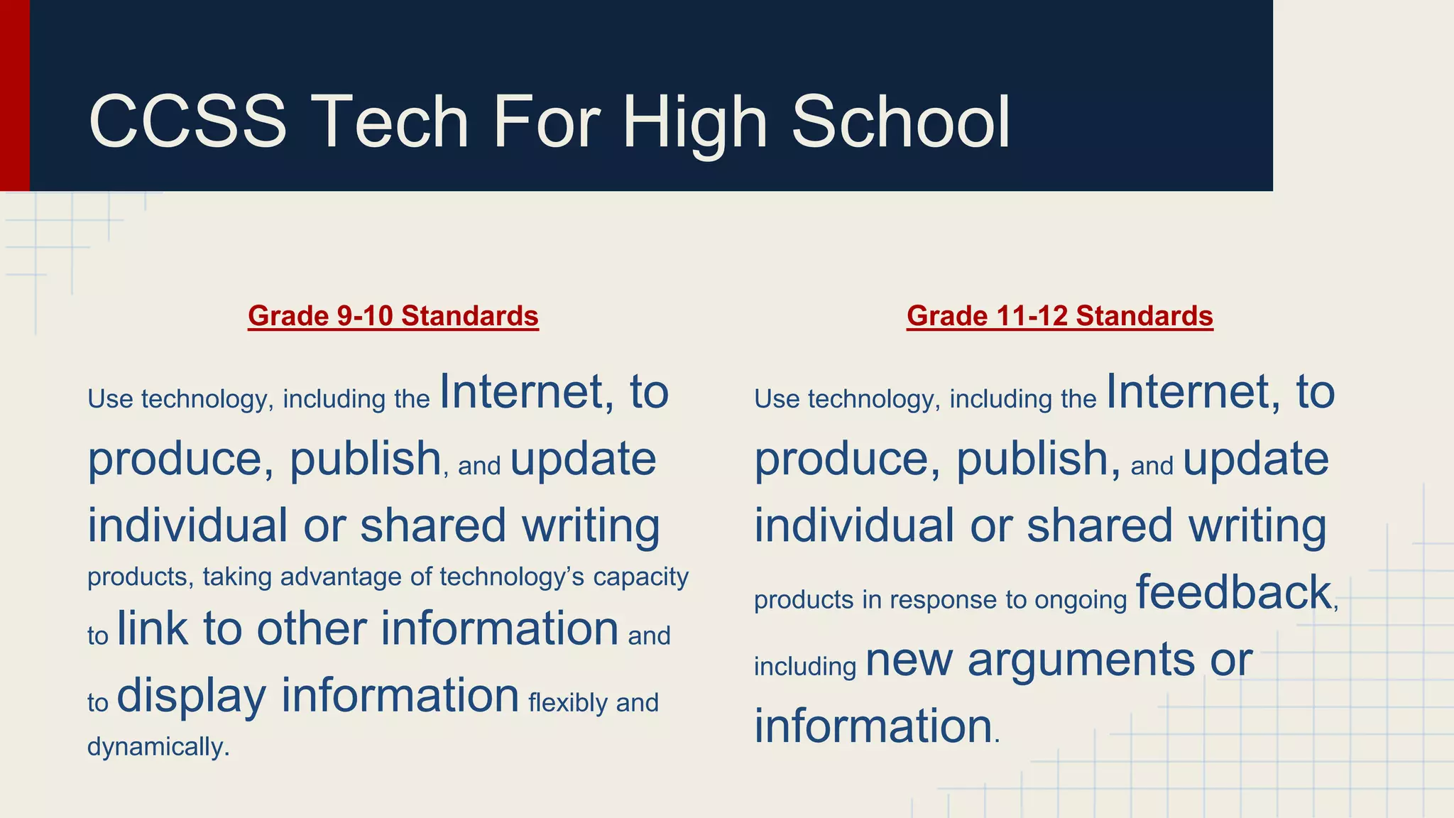 CCSS Tech For High School
Grade 9-10 Standards
Use technology, including the Internet, to
produce, publish, and update
individual or shared writing
products, taking advantage of technology’s capacity
to link to other information and
to display information flexibly and
dynamically.
Grade 11-12 Standards
Use technology, including the Internet, to
produce, publish, and update
individual or shared writing
products in response to ongoing feedback,
including new arguments or
information.
 