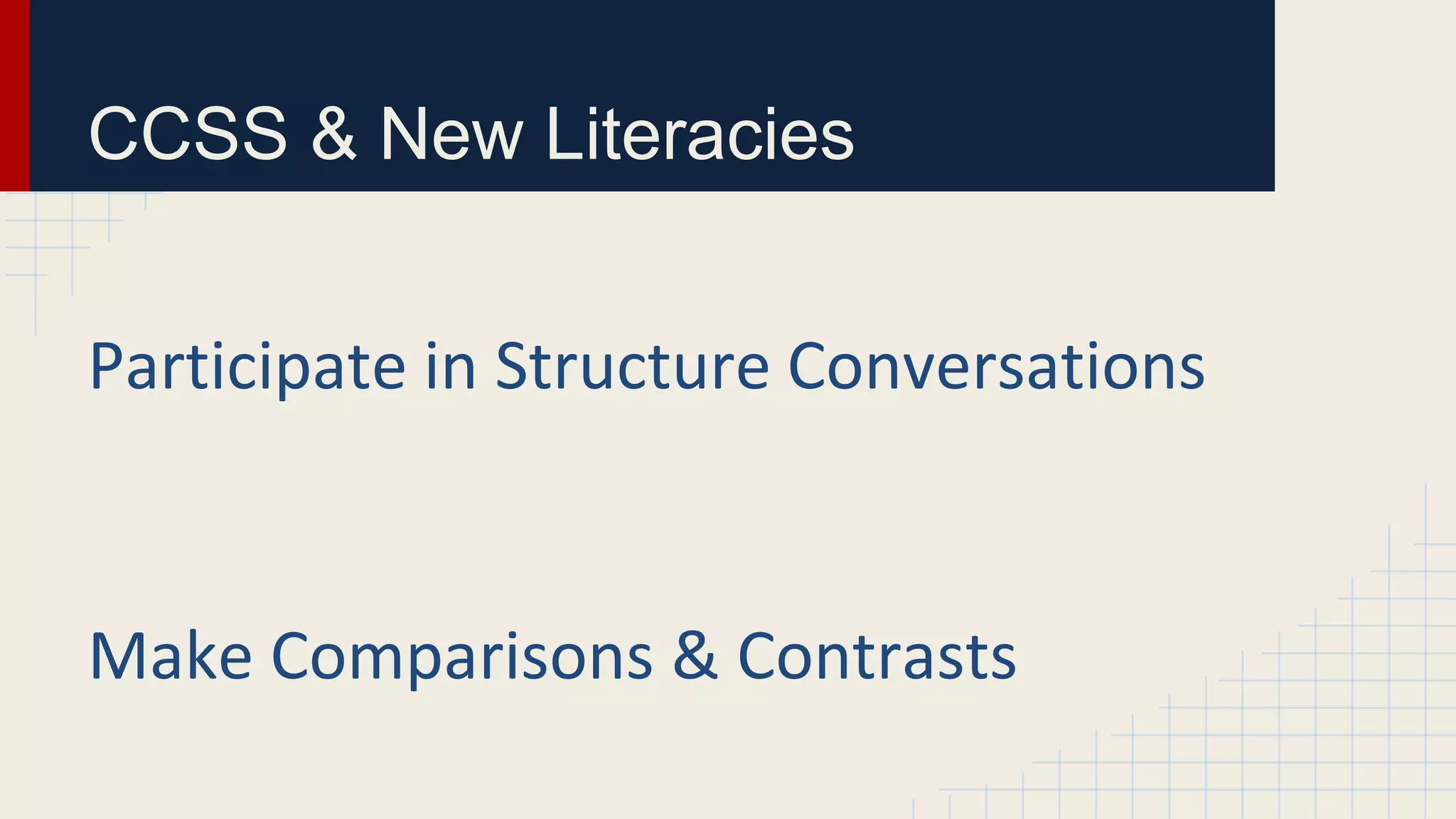 CCSS & New Literacies
Participate in Structure Conversations
Make Comparisons & Contrasts
 