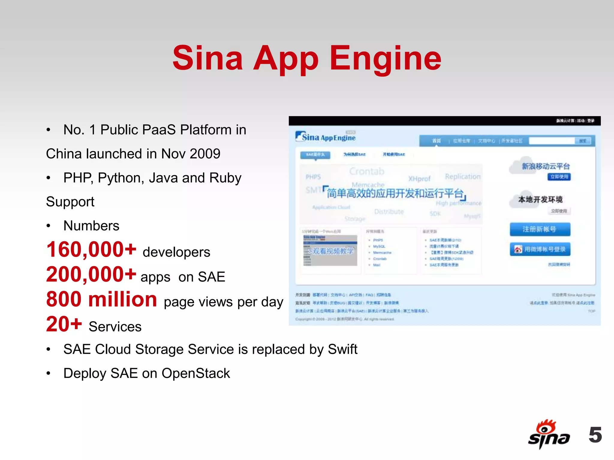 Sina App Engine
• No. 1 Public PaaS Platform in
China launched in Nov 2009
• PHP, Python, Java and Ruby
Support
• Numbers
160,000+ developers
200,000+ apps on SAE
800 million page views per day
20+ Services
• SAE Cloud Storage Service is replaced by Swift
• Deploy SAE on OpenStack



                                                   5
 