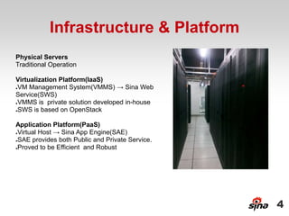 Infrastructure & Platform
Physical Servers
Traditional Operation

Virtualization Platform(IaaS)
●VM Management System(VMMS) → Sina Web

Service(SWS)
●VMMS is private solution developed in-house

●SWS is based on OpenStack




Application Platform(PaaS)
●Virtual Host → Sina App Engine(SAE)

●SAE provides both Public and Private Service.

●Proved to be Efficient and Robust




                                                 4
 