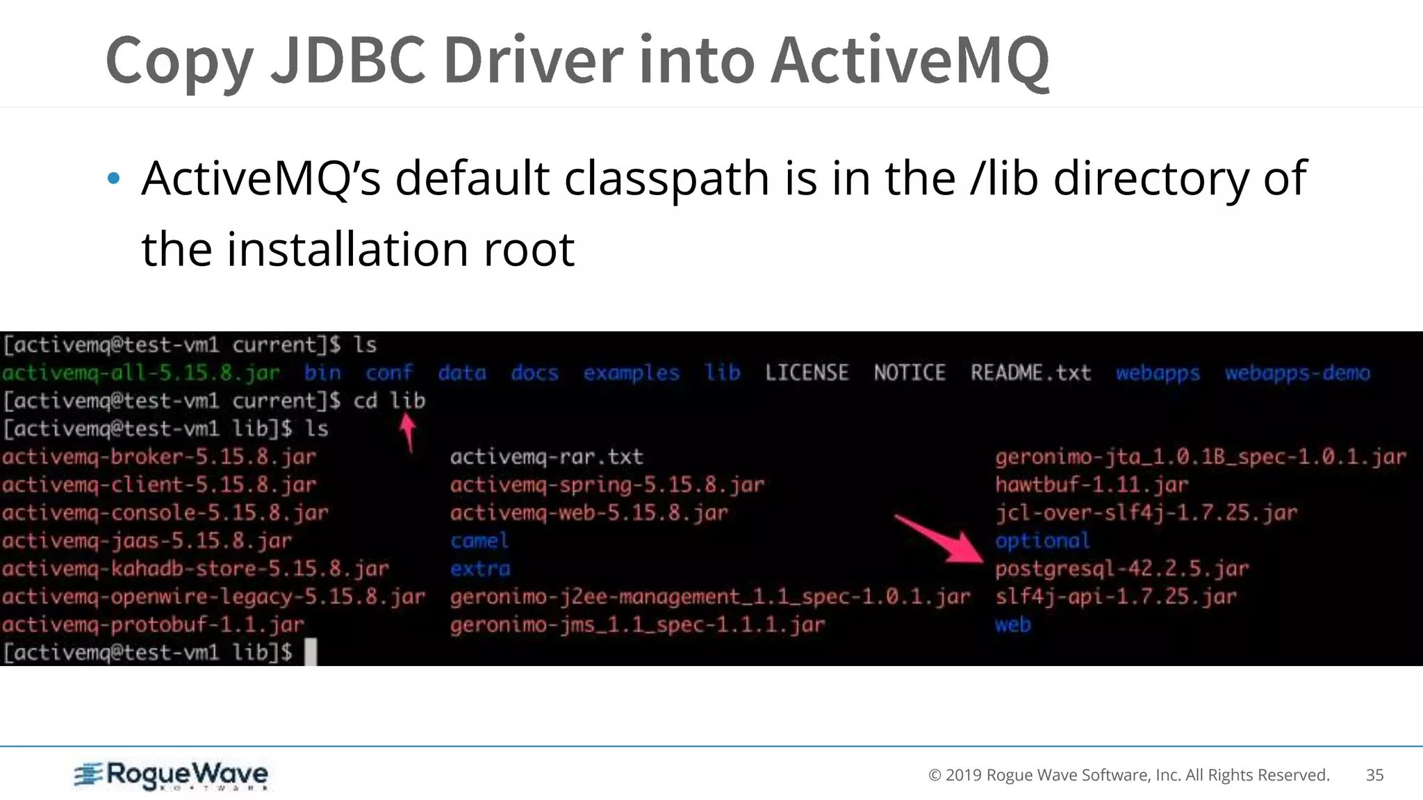 35© 2019 Rogue Wave Software, Inc. All Rights Reserved.
• ActiveMQ’s default classpath is in the /lib directory of
the installation root
 