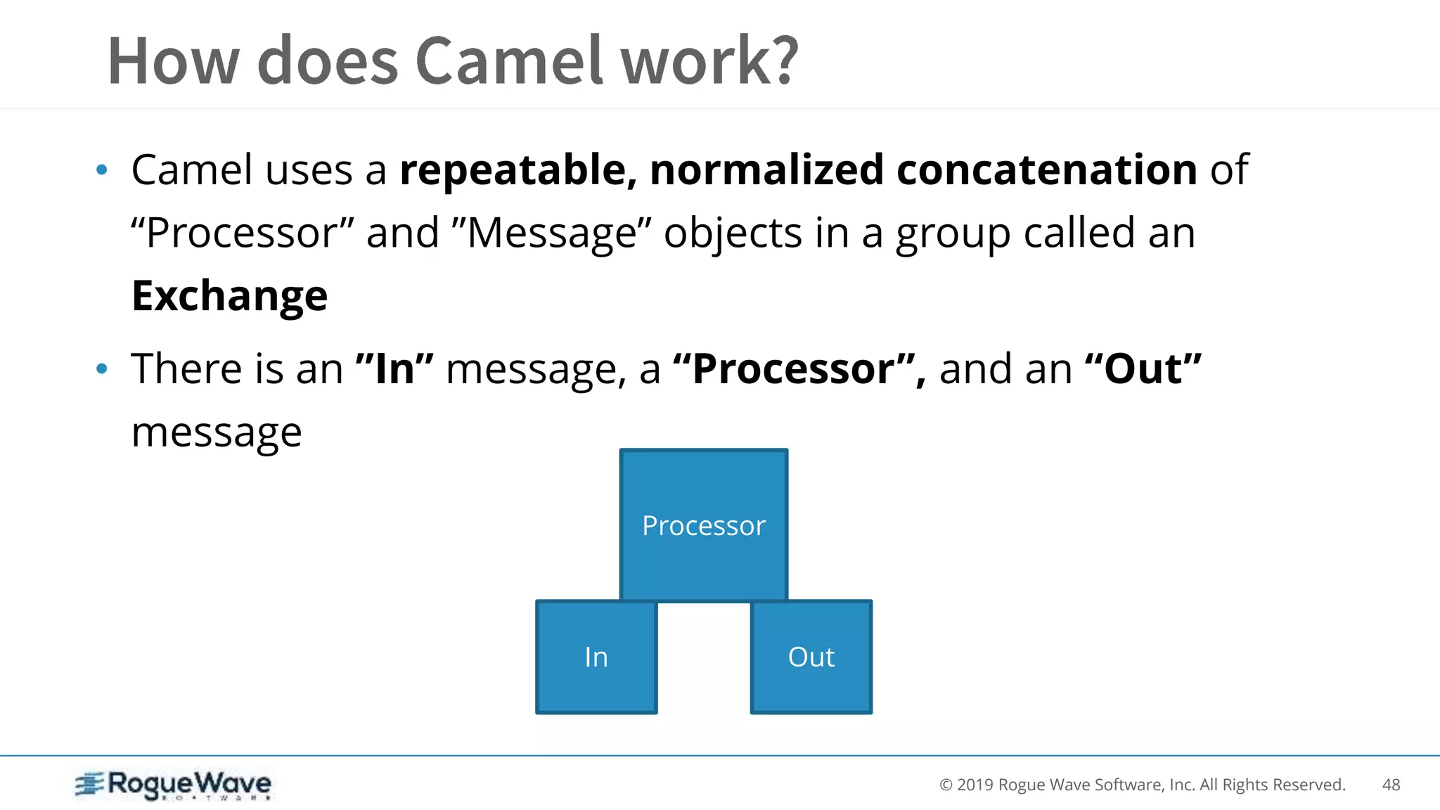 48© 2019 Rogue Wave Software, Inc. All Rights Reserved.
• Camel uses a repeatable, normalized concatenation of
“Processor” and ”Message” objects in a group called an
Exchange
• There is an ”In” message, a “Processor”, and an “Out”
message
Processor
In Out
 