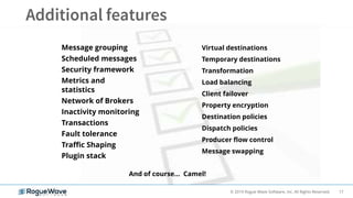 17© 2019 Rogue Wave Software, Inc. All Rights Reserved.
Message grouping
Scheduled messages
Security framework
Metrics and
statistics
Network of Brokers
Inactivity monitoring
Transactions
Fault tolerance
Traffic Shaping
Plugin stack
Virtual destinations
Temporary destinations
Transformation
Load balancing
Client failover
Property encryption
Destination policies
Dispatch policies
Producer flow control
Message swapping
And of course… Camel!
 