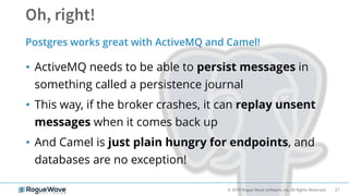 27© 2019 Rogue Wave Software, Inc. All Rights Reserved.
• ActiveMQ needs to be able to persist messages in
something called a persistence journal
• This way, if the broker crashes, it can replay unsent
messages when it comes back up
• And Camel is just plain hungry for endpoints, and
databases are no exception!
Postgres works great with ActiveMQ and Camel!
 