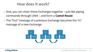49© 2019 Rogue Wave Software, Inc. All Rights Reserved.
• And, you can chain these Exchanges together – just like piping
commands through UNIX – and form a Camel Route
• The “Out” message of a previous Exchange becomes the “In”
message of a new Exchange:
P
In Out
P
In Out
P
In Out
 