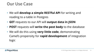 51© 2019 Rogue Wave Software, Inc. All Rights Reserved.
• We will develop a simple RESTful API for writing and
reading to a table in Postgres
• GET requests to our API will output data in JSON
• POST requests will write the post body to the database
• We will do this using very little code, demonstrating
Camel’s propensity for rapid development of integration
logic
 