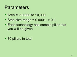 Parameters
 Area = -10,000 to 10,000
 Step size range = 0.0001 -> 0.1
 Each technology has sample pillar that
  you will be given.

 30 pillars in total



                                           16
 