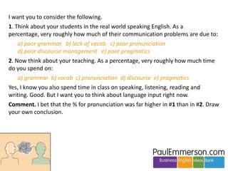 I want you to consider the following.
1. Think about your students in the real world speaking English. As a percentage,
ve...
