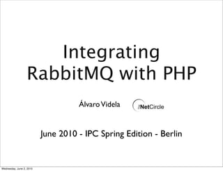 Integrating
                  RabbitMQ with PHP
                                    Álvaro Videla


                          June 2010 - IPC Spring Edition - Berlin


Wednesday, June 2, 2010
 