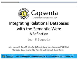 Smart Data for Smarter Business | © 2016 Capsenta | capsenta.com
Integrating	
  Relational	
  Databases	
  
with	
  the	
  Semantic	
  Web:
A	
  Reflection
Juan	
  F.	
  Sequeda
Joint	
  work	
  with	
  Daniel	
  P.	
  Miranker	
  (UT	
  Austin)	
  and	
  Marcelo	
  Arenas	
  (PUC	
  Chile)
Thanks	
  to:	
  Oscar	
  Corcho,	
  Aibo Tian,	
  Mayank Kejriwal,	
  Hamid	
  Tirmizi
13th	
  Reasoning	
  Web	
  Summer	
  School	
  (RW	
  2017)	
  – July	
  7	
  to	
  11,	
  2017	
  – London,	
  UK
 