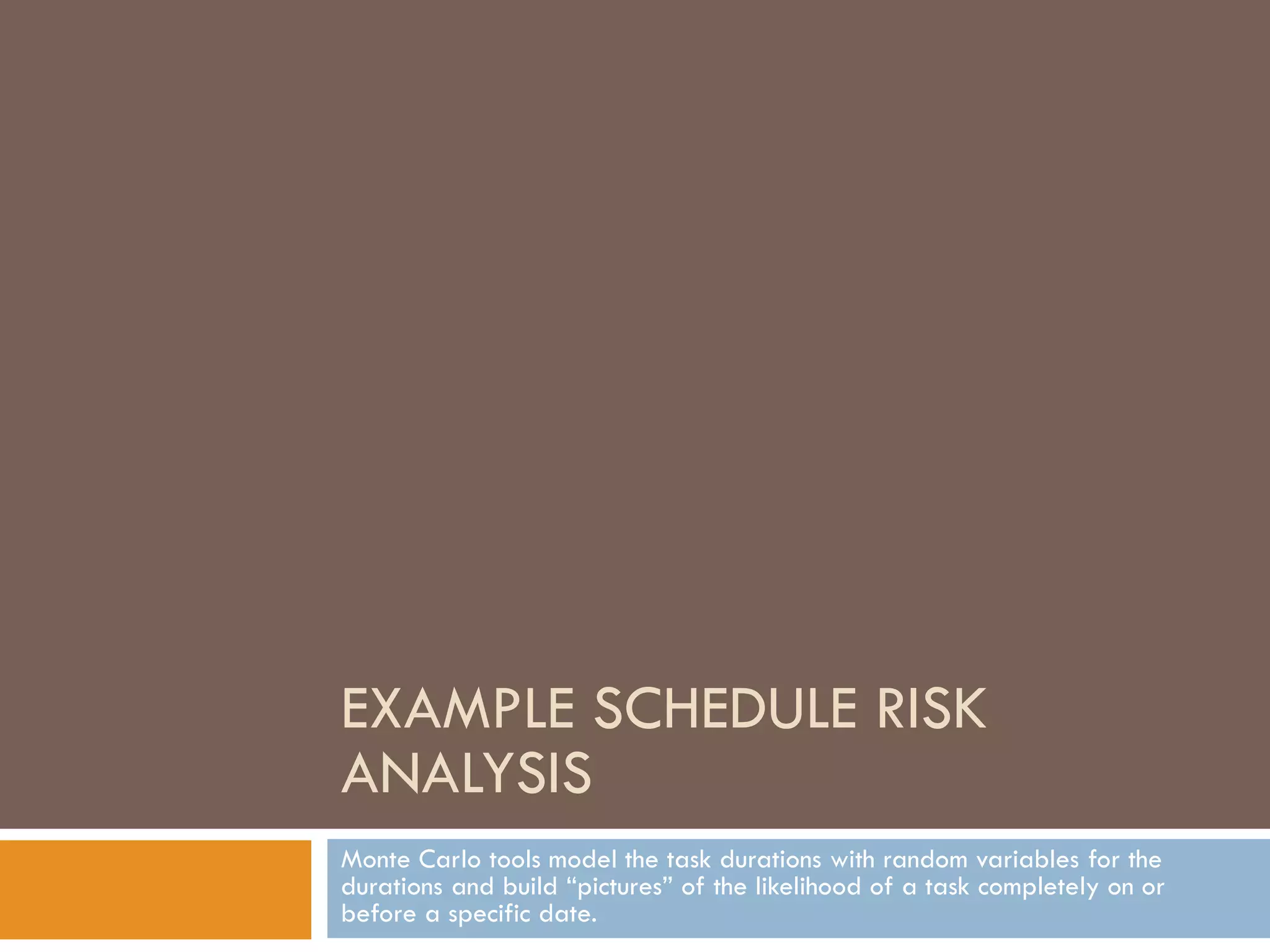 EXAMPLE SCHEDULE RISK
ANALYSIS
Monte Carlo tools model the task durations with random variables for the
durations and build “pictures” of the likelihood of a task completely on or
before a specific date.
 