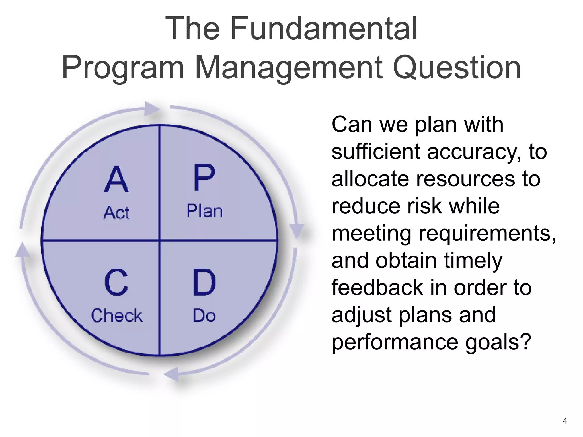 The Fundamental
Program Management Question
               Can we plan with
               sufficient accuracy, to
               allocate resources to
               reduce risk while
               meeting requirements,
               and obtain timely
               feedback in order to
               adjust plans and
               performance goals?


                                         4
 