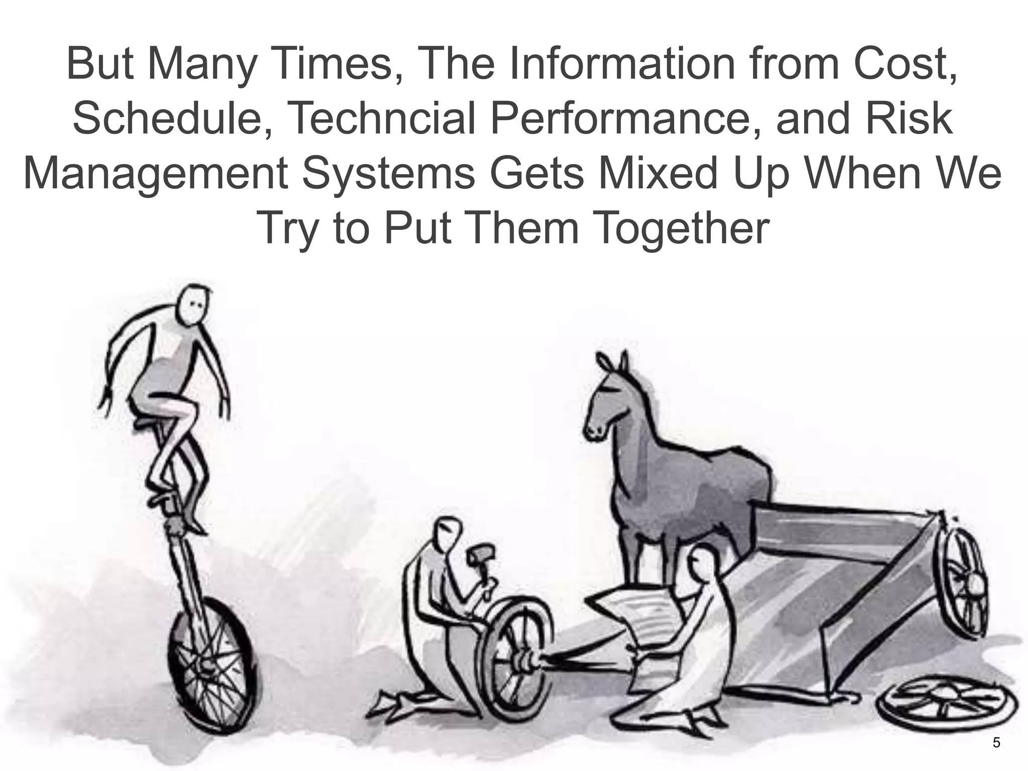 But Many Times, The Information from Cost,
Schedule, Techncial Performance, and Risk
Management Systems Gets Mixed Up When We
Try to Put Them Together
5
 