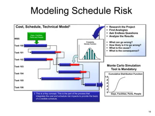 18
Modeling Schedule Risk
Cost, Schedule, Technical Model†
WBS
Task 100
Task 101
Task 102
Task 103
Task 104
Task 105
Task 106
† This is a Key concept. This is the part of the process that
integrates the cost and schedule risk impacts to provide the basis
of a credible schedule.
Probability
Density Function
 Research the Project
 Find Analogies
 Ask Endless Questions
 Analyze the Results
 What can go wrong?
 How likely is it to go wrong?
 What is the cause?
 What is the consequence?
Monte Carlo Simulation
Tool is Mandatory
1.0
.8
.6
.4
.2
0
Days, Facilities, Parts, People
Cumulative Distribution Function
Days, Facilities,
Parts and People
 