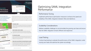 Performance Tuning
Implement performance optimization measures to enhance the speed and
reliability of the SAML integration between Okta and Salesforce.
Optimizing SAML Integration
Performance
Scalability Considerations
Address scalability challenges to accommodate the growing user base and ensure
that the SAML integration remains efficient and responsive.
Load Testing
Conduct load testing to evaluate the performance of the SAML integration under
varying user loads and optimize the system accordingly.
 
