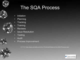 The SQA Process
• Initiation
• Planning
• Tracking
• Training
• Reviews
• Issue Resolution
• Testing
• Audit
• Process Improvement
List from http://www.verndale.com/Our-Thinking/9-Steps-of-the-SQA-Process.aspx
 