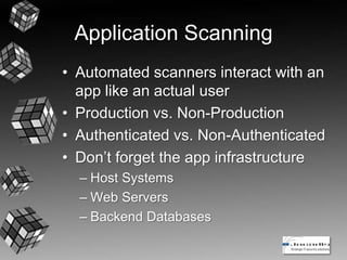 Application Scanning
• Automated scanners interact with an
app like an actual user
• Production vs. Non-Production
• Authenticated vs. Non-Authenticated
• Don’t forget the app infrastructure
– Host Systems
– Web Servers
– Backend Databases
 