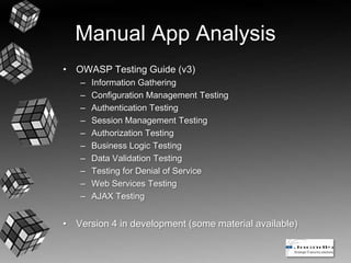 Manual App Analysis
• OWASP Testing Guide (v3)
– Information Gathering
– Configuration Management Testing
– Authentication Testing
– Session Management Testing
– Authorization Testing
– Business Logic Testing
– Data Validation Testing
– Testing for Denial of Service
– Web Services Testing
– AJAX Testing
• Version 4 in development (some material available)
 
