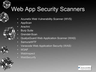 Web App Security Scanners
• Acunetix Web Vulnerability Scanner (WVS)
• AppScan
• Arachni
• Burp Suite
• Grendel-Scan
• QualysGuard Web Application Scanner (WAS)
• SamuraiWTF
• Veracode Web Application Security (WAS)
• W3AF
• WebInspect
• WebSecurify
 