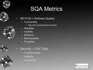 SQA Metrics
• ISO 9126-1 (Software Quality)
– Functionality
• Security (unauthorized access)
– Reliability
– Usability
– Efficiency
– Maintainability
– Portability
• Security – CIA Triad
– Confidentiality
– Integrity
– Availability
 