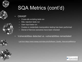 SQA Metrics (cont’d)
• OWASP
– Cross-site scripting tests run
– SQL injection tests run
– User input tests run
– Cookie or credentials manipulation testing has been performed
– Denial of Service scenarios have been checked
• Vulnerabilities detected vs. vulnerabilities remediated
List from https://www.owasp.org/index.php/Software_Quality_Assurance#Metrics
 