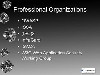 Professional Organizations
• OWASP
• ISSA
• (ISC)2
• InfraGard
• ISACA
• W3C Web Application Security
Working Group
 