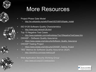More Resources
• Project Phase Gate Model
– http://en.wikipedia.org/wiki/Phase%E2%80%93gate_model
• ISO 9126 Software Quality Characteristics
– http://www.sqa.net/iso9126.html
• Top 10 Negative Test Cases
– http://www.sqatester.com/methodology/Top10NegativeTestCases.htm
• OWASP – Software Quality Assurance
– https://www.owasp.org/index.php/Software_Quality_Assurance
• OWASP Testing Project
– https://www.owasp.org/index.php/OWASP_Testing_Project
• “952” Metrics for Software Quality Assurance (SQA)
– http://davidfrico.com/sqa-metrics.pdf
• Web Application Security Working Group
– http://www.w3.org/2011/webappsec/
 