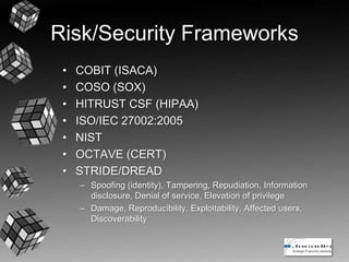 Risk/Security Frameworks
• COBIT (ISACA)
• COSO (SOX)
• HITRUST CSF (HIPAA)
• ISO/IEC 27002:2005
• NIST
• OCTAVE (CERT)
• STRIDE/DREAD
– Spoofing (identity), Tampering, Repudiation, Information
disclosure, Denial of service, Elevation of privilege
– Damage, Reproducibility, Exploitability, Affected users,
Discoverability
 