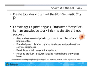Smart Data for Smarter Business | © 2016 Capsenta | capsenta.com
So	
  what	
  is	
  the	
  solution?
• Create	
  tools	
  for	
  citizens	
  of	
  the	
  Non-­‐Semantic	
  City	
  
(?)	
  
• Knowledge	
  Engineering	
  as	
  a	
  “transfer	
  process”	
  of	
  
human	
  knowledge	
  to	
  a	
  KB	
  during	
  the	
  80s	
  did	
  not	
  
succeed	
  
• Assumption:	
  knowledge	
  exists,	
  just	
  has	
  to	
  be	
  collected	
  and	
  
implemented
• Knowledge	
  was	
  obtained	
  by	
  interviewing	
  experts	
  on	
  how	
  they	
  
solve	
  specific	
  tasks	
  
• Feasible	
  for	
  small	
  prototypical	
  systems
• Failed	
  to	
  produce	
  large,	
  reliable	
  and	
  maintainable	
  knowledge	
  
bases
29
Studer et	
  al.	
  Knowledge	
  Engineering:	
  Principles	
  and	
  methods.	
  Data	
  &	
  Know.	
  Engineering	
  1998
H
 
