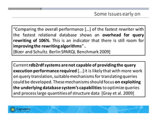 Smart Data for Smarter Business | © 2016 Capsenta | capsenta.com
“Comparing the overall performance […] of the fastest rewriter with
the fastest relational database shows an overhead for query
rewriting of 106%. This is an indicator that there is still room for
improvingthe rewritingalgorithms”.
[Bizer and Schultz. BerlinSPARQL Benchmark 2009]
Current	
  rdb2rdf	
  systems	
  are	
  not	
  capable	
  of	
  providing	
  the	
  query	
  
execution	
  performance	
  required	
  [...]	
  it	
  is	
  likely	
  that	
  with	
  more	
  work	
  
on	
  query	
  translation,	
  suitable	
  mechanisms	
  for	
  translating	
  queries	
  
could	
  be	
  developed.	
  These	
  mechanisms	
  should	
  focus	
  on	
  exploiting	
  
the	
  underlying	
  database	
  system’s	
  capabilities	
  to	
  optimize	
  queries	
  
and	
  process	
  large	
  quantities	
  of	
  structure	
  data	
   [Gray	
  et	
  al.	
  2009]
Some	
  Issues	
  early	
  on
 