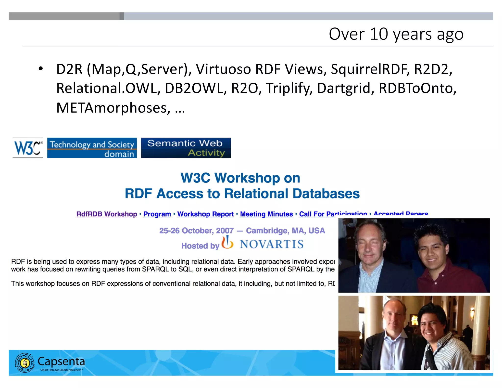 Smart Data for Smarter Business | © 2016 Capsenta | capsenta.com
Over 10 years ago
• D2R (Map,Q,Server), Virtuoso RDF Views, SquirrelRDF, R2D2,
Relational.OWL, DB2OWL, R2O, Triplify, Dartgrid, RDBToOnto,
METAmorphoses, …
 