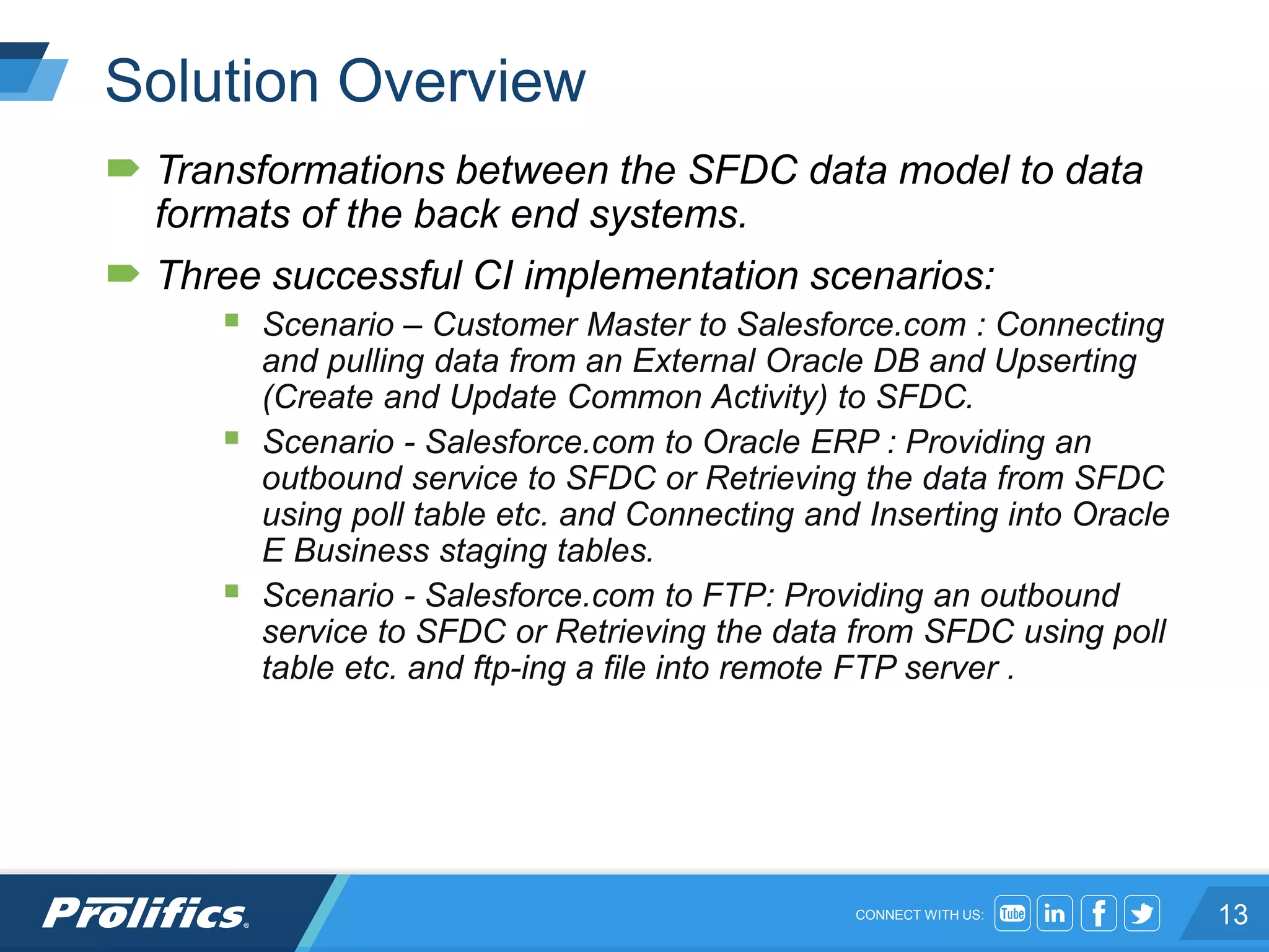 CONNECT WITH US:
Solution Overview
 Transformations between the SFDC data model to data
formats of the back end systems.
 Three successful CI implementation scenarios:
 Scenario – Customer Master to Salesforce.com : Connecting
and pulling data from an External Oracle DB and Upserting
(Create and Update Common Activity) to SFDC.
 Scenario - Salesforce.com to Oracle ERP : Providing an
outbound service to SFDC or Retrieving the data from SFDC
using poll table etc. and Connecting and Inserting into Oracle
E Business staging tables.
 Scenario - Salesforce.com to FTP: Providing an outbound
service to SFDC or Retrieving the data from SFDC using poll
table etc. and ftp-ing a file into remote FTP server .
13
 