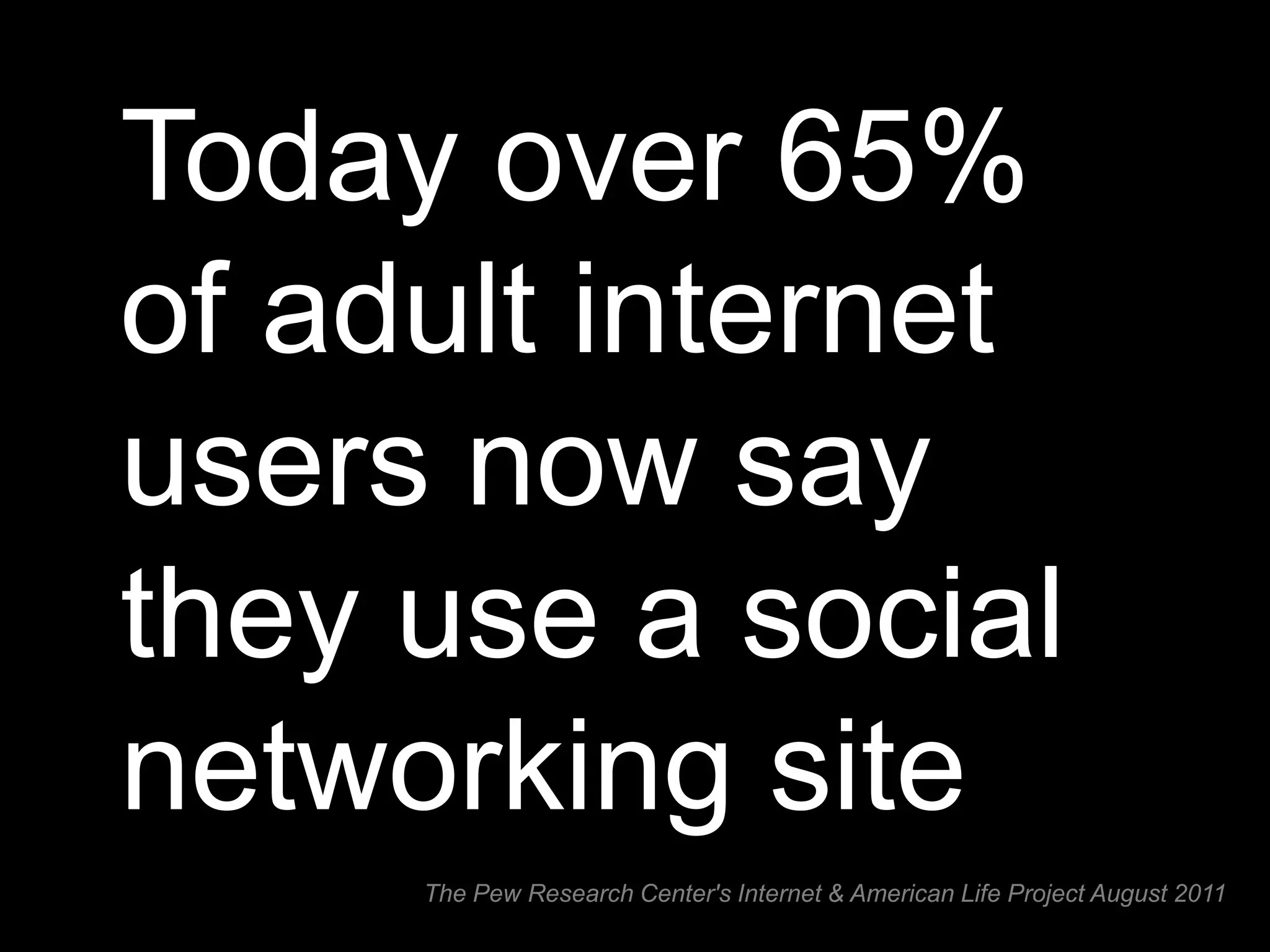 Today over 65%
of adult internet
users now say
they use a social
networking site
     The Pew Research Center's Internet & American Life Project August 2011
 