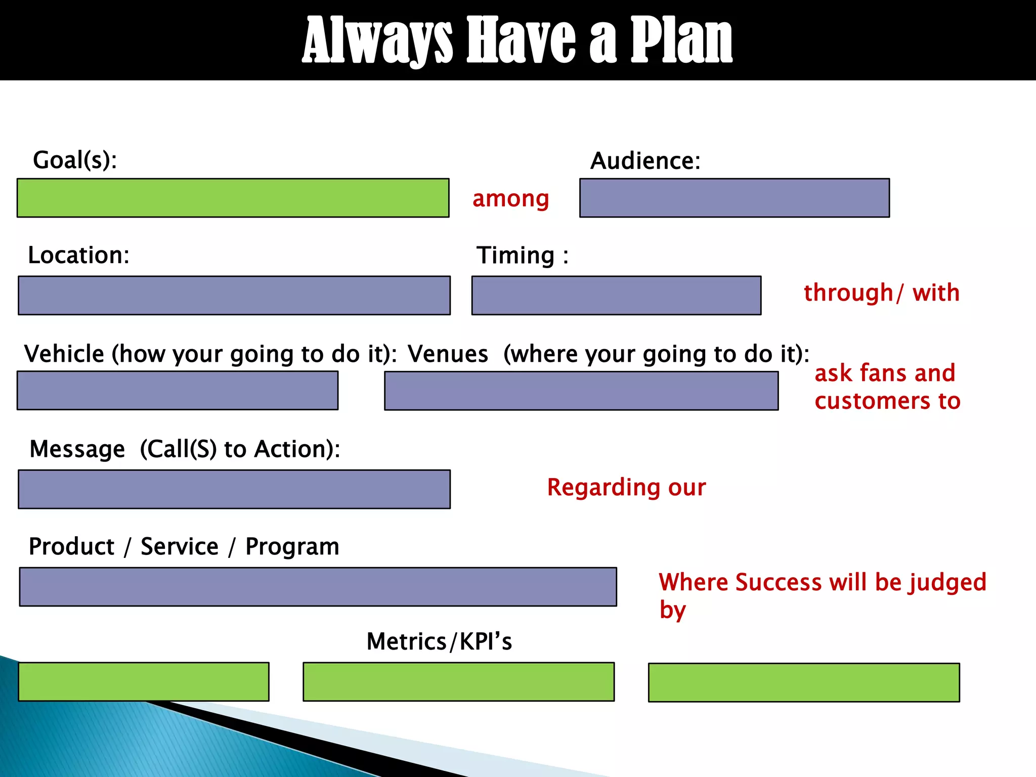Always Have a Plan
Goal(s):                                           Audience:
                                        among

Location:                               Timing :
                                                                     through/ with

Vehicle (how your going to do it): Venues (where your going to do it):
                                                                         ask fans and
                                                                         customers to

Message (Call(S) to Action):
                                               Regarding our

Product / Service / Program
                                                        Where Success will be judged
                                                        by
                               Metrics/KPI’s
 