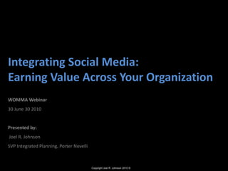 Integrating Social Media: Earning Value Across Your Organization WOMMA Webinar  30 June 30 2010 Presented by: Joel R. Johnson  SVP Integrated Planning, Porter Novelli 