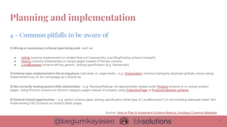 1) Wrong or unnecessary schema types being used, such as
● Article schema implemented on content that isn't newsworthy (use BlogPosting schema instead!)
● HowTo schema implemented on recipe pages instead of Recipe schema
● LocalBusiness schema left too generic, lacking specification (e.g. Restaurant)
2) Schema types implemented in the wrong places (site-wide vs. page-level) – e.g. Organization schema improperly deployed globally versus being
implemented only on the homepage as it should be.
3) Not correctly nesting parent/child relationships – e.g. Reviews/Ratings not appropriately nested under Product schema or on actual product
pages. Using Product schema on eComm category pages instead of properly using CollectionPage or ProductCollection schema.
4) General missed opportunities – e.g. parent schema types lacking specification (what type of LocalBusiness?) or not including adequate detail. Not
implementing FAQ Schema on product detail pages.
Source: How to Plan & Implement Schema Markup, Avoiding Common Mistakes
4 - Common pitfalls to be aware of
Planning and implementation
15
 