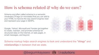 Schema.org (often called schema) is a semantic
vocabulary of tags (or microdata) that you can add to
your HTML to improve the way search engines read
and represent your page in SERPs.
Google, Yahoo!, Microsoft and Yandex got together
to create, maintain, and promote schemas for
structured data on the Internet, on web pages, in
email messages, and beyond.
How is schema related & why do we care?
6
Schema markup helps search engines to look and understand the “things” and
relationships in between that we state.
 