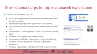 How schema helps to improve search experience
By using schema markup, you can:
● build meaningful relationships between entities (helps with
knowledge graph),
● help search engines better understand your website,
● give users relevant information in an easy to consume/find
way,
● control how a brand appears in SERPs (rich snippet, PAAs,
etc.),
● increase click-through rate by rich results,
● empower an intelligent, data-driven content hub strategy,
● increase visibility due to the improved relationship
statements,
● increase relevancy by stronger internal & external linking
opportunities & short-form links in SERPs
7
 