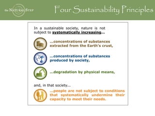 Four Sustainability Principles
...concentrations of substances
extracted from the Earth’s crust,
...concentrations of substances
produced by society,
...degradation by physical means,
...people are not subject to conditions
that systematically undermine their
capacity to meet their needs.
In a sustainable society, nature is not
subject to systematically increasing...
and, in that society...
 