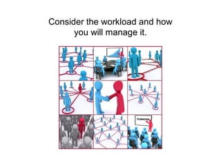 Consider the workload and how you will
manage it.
Consider
Consider the workload and how
you will manage it.
 