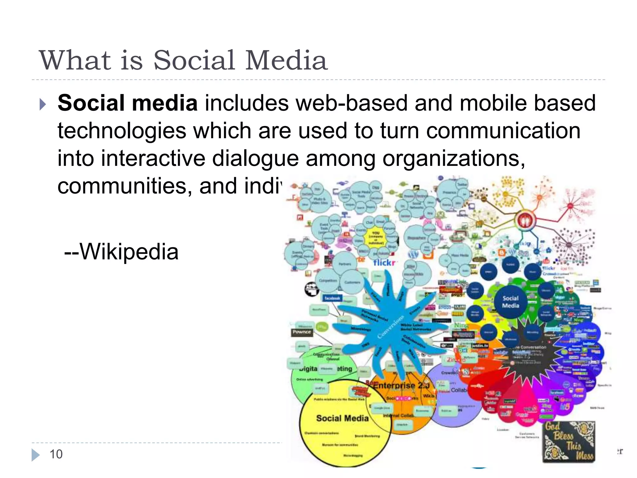 What is Social Media
 Social media includes web-based and mobile based
technologies which are used to turn communication
into interactive dialogue among organizations,
communities, and individuals.
--Wikipedia
10
 